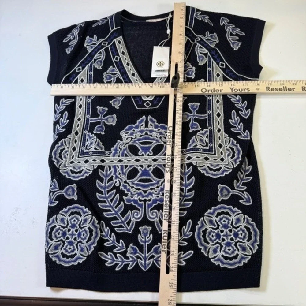 TORY BURCH Jory Lightweight Short Sleeve Knit Sweater Navy Blue Size Small